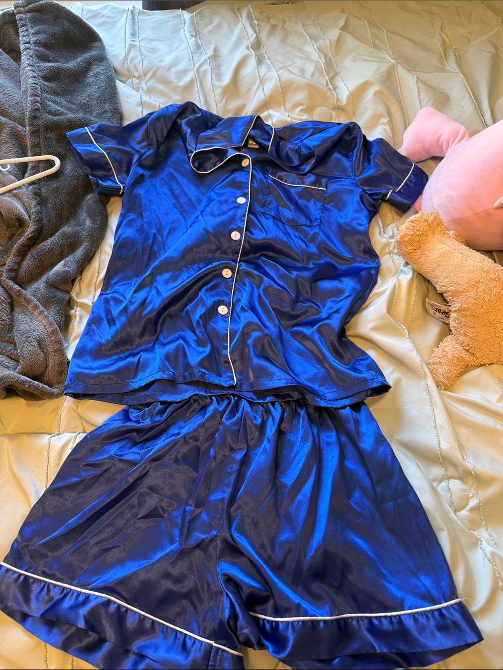 Blue Satin Short Pajama Set - Women’s Silk-Feel Sleepwear